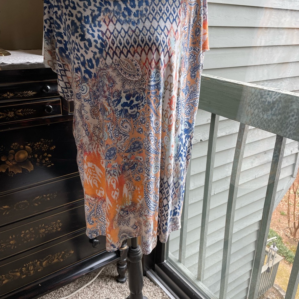 CHICOS…size 3 or XL.   Tunic top! Orange & Blue on a white background.